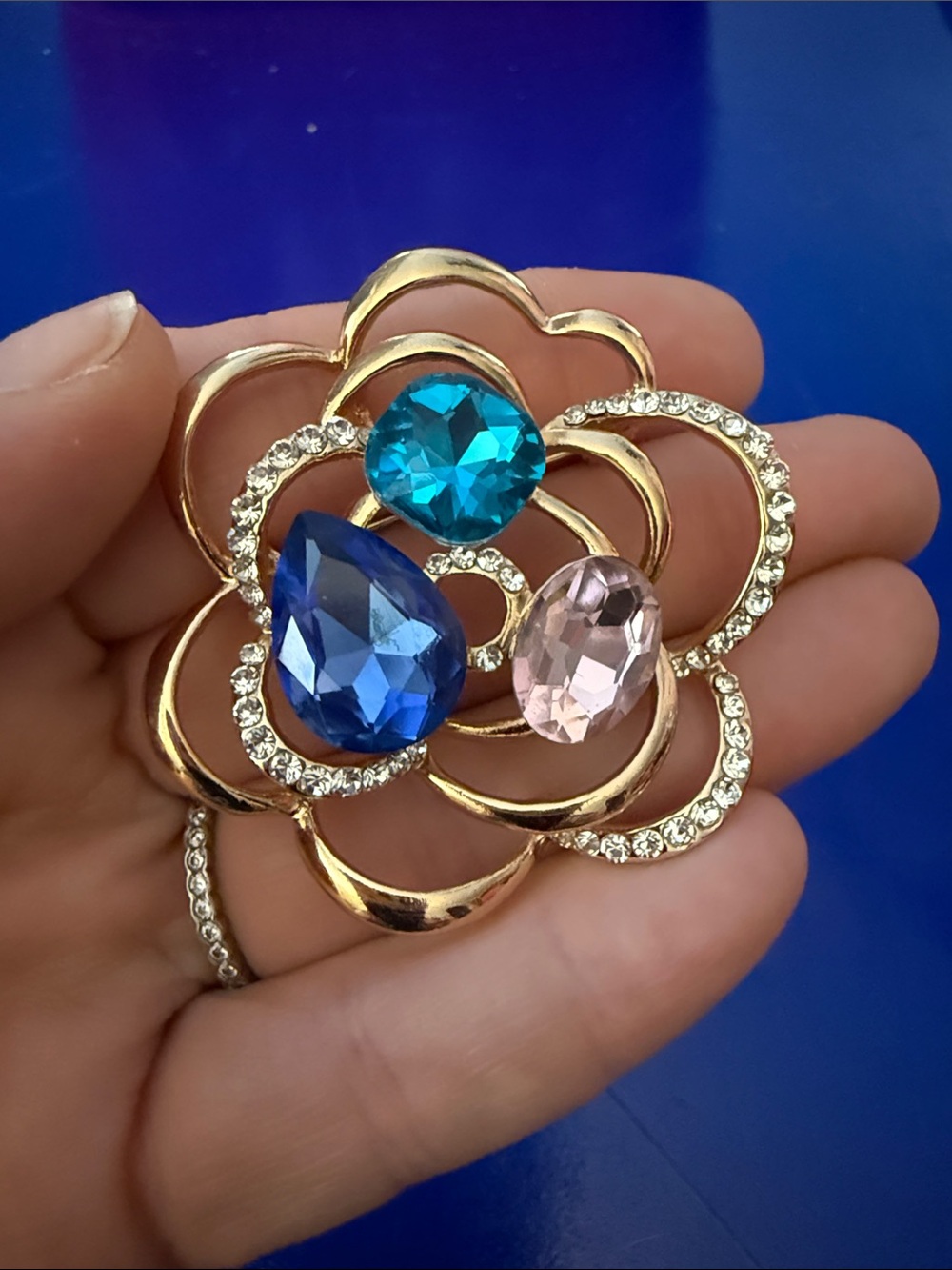 Gold Floral Brooch/pendant with Blue, Teal and Pink Crystals